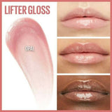 Maybelline Lifter Lip Gloss in shades 01 Pearl, 02 Ice, 03 Moon, 04 Silk, 05 Petal, 06 Reef, 07 Amber, 08 Stone, 09 Topaz, and 10 Crystal, 11 Brass, 12 Opal, 16 Rust, 20 Sun, 22 Peach Ring