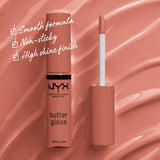 Shop online NYX Butter Gloss Non-Sticky Lip Gloss in shades 02|Éclair-Pale cool pink, 03|Peaches And Cream-Peach, 04|Merengue-Cool lavender pink, 05|Crème Brulee-Pale nude pink, 07|Tiramisu-Pinky nude, 09|Vanilla Crème Pie-Medium blue pink, 15|Angel Food Cake-Lavender mauve, 17|Ginger Snap-Medium neutral brown, 22|Devils Food Cake-Wine, 41|Cranberry Pie-Mauve purple, 43|Marshmallow-Muted lilac, 45|Sugar High-Peachy light nude, 47|Spiked Toffee-Brown mauve in Pakistan