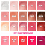 Maybelline Lifter Lip Gloss in shades 01 Pearl, 02 Ice, 03 Moon, 04 Silk, 05 Petal, 06 Reef, 07 Amber, 08 Stone, 09 Topaz, and 10 Crystal, 11 Brass, 12 Opal, 16 Rust, 20 Sun, 22 Peach Ring