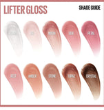 Maybelline Lifter Lip Gloss in shades 01 Pearl, 02 Ice, 03 Moon, 04 Silk, 05 Petal, 06 Reef, 07 Amber, 08 Stone, 09 Topaz, and 10 Crystal, 11 Brass, 12 Opal, 16 Rust, 20 Sun, 22 Peach Ring