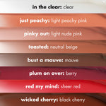 ELF Pout Clout Lip Plumping Pen - JUST PEACHY - LIGHT PEACHY PINK, PINKY OUT - LIGHT NUDE PINK, BUST A MAUVE – MAUVE, PLUM ON OVER – BERRY, RED MY MIND - SHEER RED, WICKED CHERRY - BLACK CHERRY