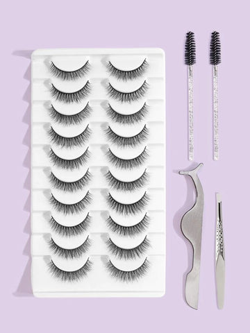 Shein 10 Pairs Of Natural Full False Eyelashes & 2pcs Disposable Eyelash Brush & Tweezers