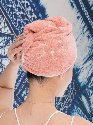 Shein - Hair drying cap Towel / Hair turban Fleece Cat Embroidery - Pink, Purple and Grey