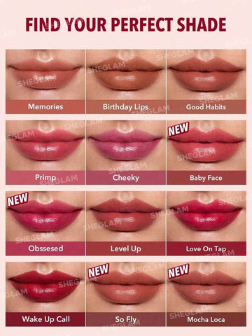 SHEGLAM Take A Hint Lip Tint Obsessed, Love On Tap, Baby Face, Level Up, Cheeky, Memories, Primp, Wake Up call, Good Habit, Birthday Lips