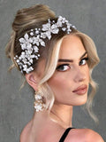 1pc Elegant Handmade Bridal Metal Flower Headband With Faux Pearls - HA9