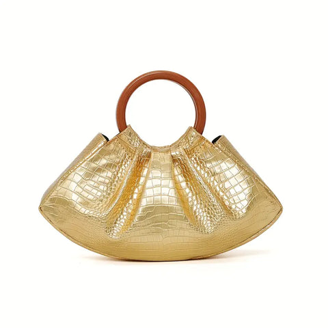 Golden Mini Crocodile Pattern Handbag with Round Handle
