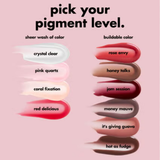 ELF - Glow Reviver Lip Oil - Crystal Clear - Clear, Honey Talks - Beige Brown, Pink Quartz - Sheer Light Pink, Coral Fixation -Sheer Coral, Jam Session - Black Cherry, Rose Envy - Rosewood, Red Delicious - Red, Money Mauve - Mauve, Hot as Fudge - Rich Brown, It's Giving Guava - Peachy Pink