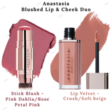 Buy Anastasia Blushed Lip & Cheek Duo set Lip Velvet - Crush / Soft beige, Stick Blush - Pink Dahlia / Rose Petal Pink in Pakistan
