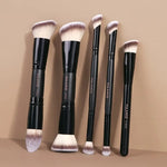 5 Pcs Professional Makeup Brushes - Black Beige, Black Golden