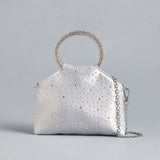 Embellished Bag with Chain Strap and Button Closure Silver