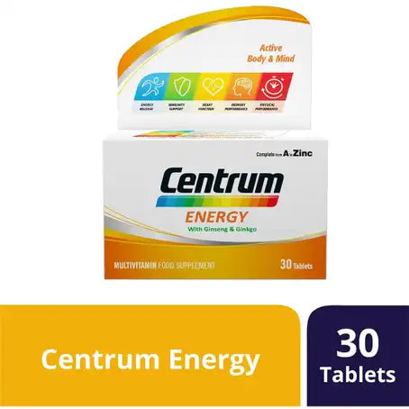 Centrum - Energy Multivitamins with Ginseng & Ginkgo 30 Tablets Expiry 08.2025