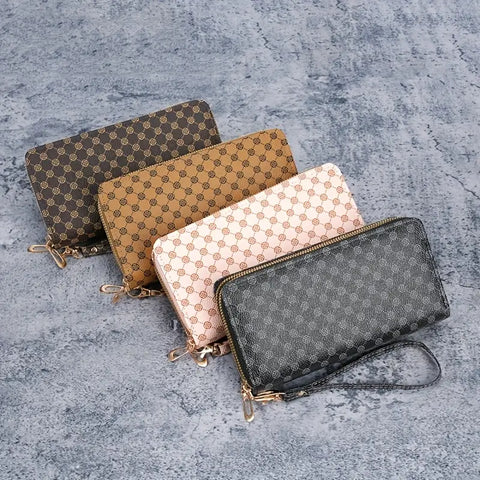 Chic Women's Vintage-Inspired Double Zipper Wallet - Spacious Faux Leather Clutch with Wrist Strap - Pink, Brown, Coffee color