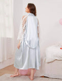 SHEIN Embroidered Mesh Panel Slip Nightdress With Robe