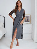 SHEIN Lace Insert Belted Night Robe