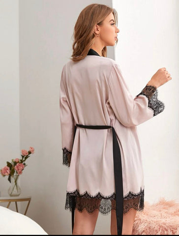 SHEIN Lace Detail Sheer Mesh Belted Robe