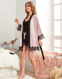 SHEIN Sheer Lace Cami With Belted Robe & Shorts Night Set