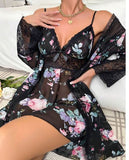 SHEIN Floral Print Contrast Lace Belted Robe & Cami Dress PJ Set