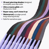 Kosas Soulgazer-Intensifying Gel Eyeliner-Hypnotize|Intense Black Matte, Orbit|Smokey Gray Matte, Allure|Dark Brown Matte Depth|Warm Brown Matte, Mesmerize|Soft Lilac Matte, Gravitate|Creamy Beige Matte, Enigma|Blackened Blue Satin, Eternal|Emerald Green Satin, Bewitch|Night Violet Satin, Cosmic|Deep Aqua Satin