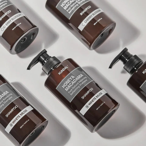 KUNDAL Honey & Macadamia Pure Natural Balancing Refreshing Shampoo 500ml Amber Vanilla, Blackberry Bay, Baby Powder, Cherry Blossom, White Musk