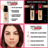 L'Oreal Paris Infallible 32 Hours Fresh Wear Foundation - 400 Pearl, 405 Porcelain, 410 Ivory, 415 Rose Ivory, 420 True Beige, 425 Linen, 430 Ivory Buff, 435 Rose Vanilla, 440 Natural Rose, 445 Vanilla, 450 Rose Beige, 455 Natural Buff, 465 Sand, 470 - Radiant Honey