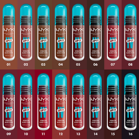 NYX Lip I.V. Hydrating Lip Gloss Stain - 01 - Caramel Drip, 03 - Splash N Spice, 05 - Mocha Me Wet, 06 - Espresso Soak, 08 - Drippin' In Rose, 09 - Blush Rush, 12 - Burst That Tang!, 13 - Cranberry Splash, 14 - Mauve N' Moist, 15 - Water 'Bout Wine?