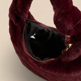 Plush Shoulder Bag with Handle and Zip Closure - Black, Red