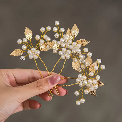 Set Of 3 Handmade Imitation Pearl And Crystal Golden Hair Clips