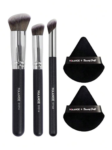 Shein MAANGE Face 3pcs Brush + 2pcs Triangle Powder Puff Set - Black