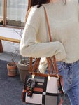 SHEIN Colorblock Plaid Tote Bag With Pom Pom Charm