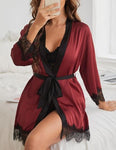 SHEIN Sheer Lace Cami With Belted Robe & Shorts Night Set
