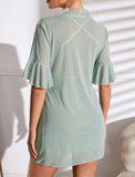 SHEIN Lace Panel Flounce Sleeve Belted Mesh Robe & Cami Dress