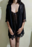 Shein 3pcs Contrast Lace Mesh Slips With Thong & Belted Robe