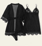 Shein 3pcs Contrast Lace Mesh Slips With Thong & Belted Robe