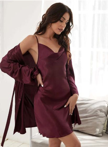 SHEIN 1pc Solid Satin Cami dress with Robe