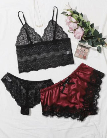 SHEIN 3pack Floral Lace Lingerie Set With Satin Shorts