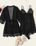 Shein 3pcs Contrast Lace Mesh Slips With Thong & Belted Robe