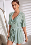 SHEIN Lace Panel Flounce Sleeve Belted Mesh Robe & Cami Dress